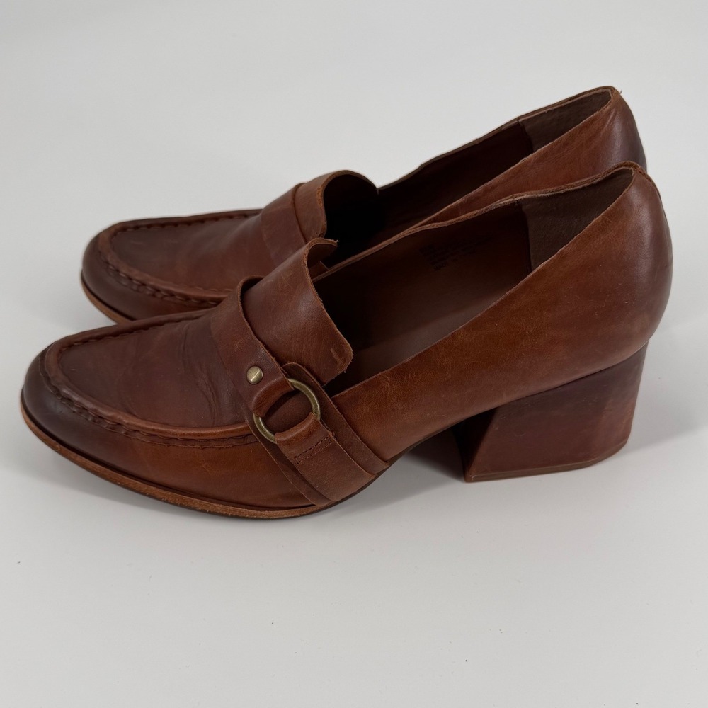 Kork-Ease Brown Leather Heeled Loafers Block Heel Ring Detail Pumps Womens 9.5 - Picture 2 of 10